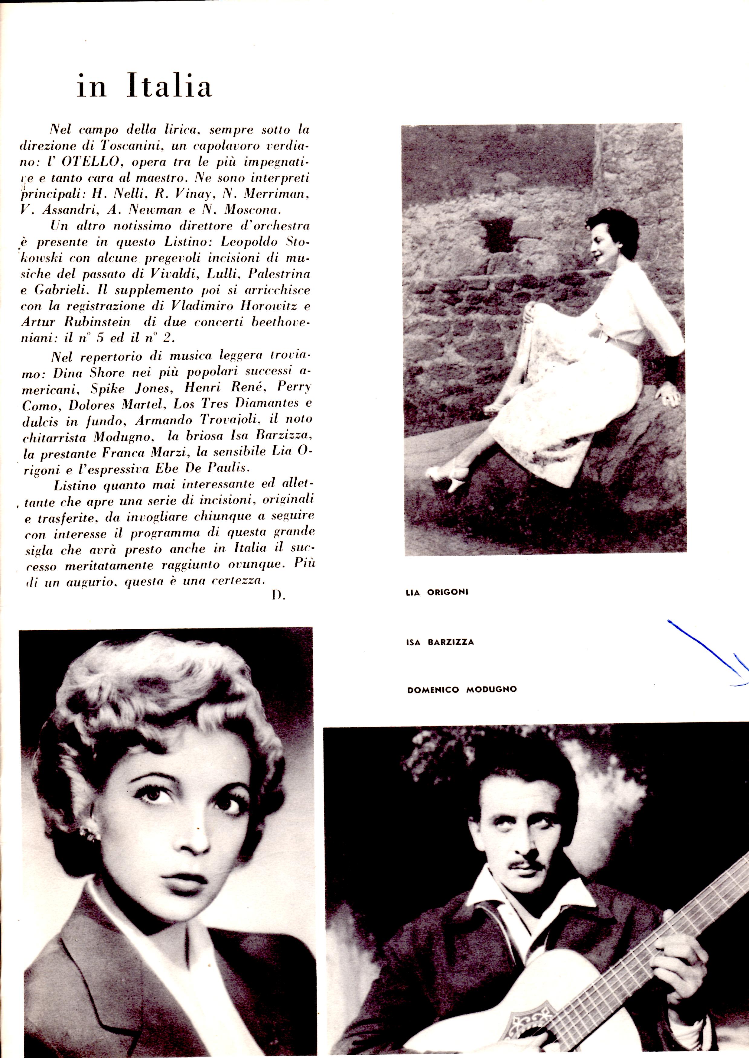 Lia Origoni punta di diamante della casa musicale RCA con Toscanini, Isa Barzizza e Modugno